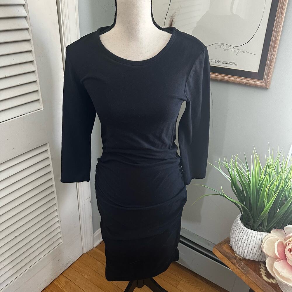 James Perse Standard Dress 3 Large Black Stretch Ruched Bodycon Minimalist